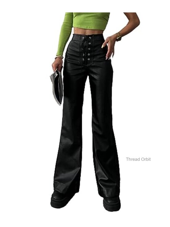 Pants - Faux Leather Lace Up Flare Pants High Waisted Straight Leg Bell Bottom